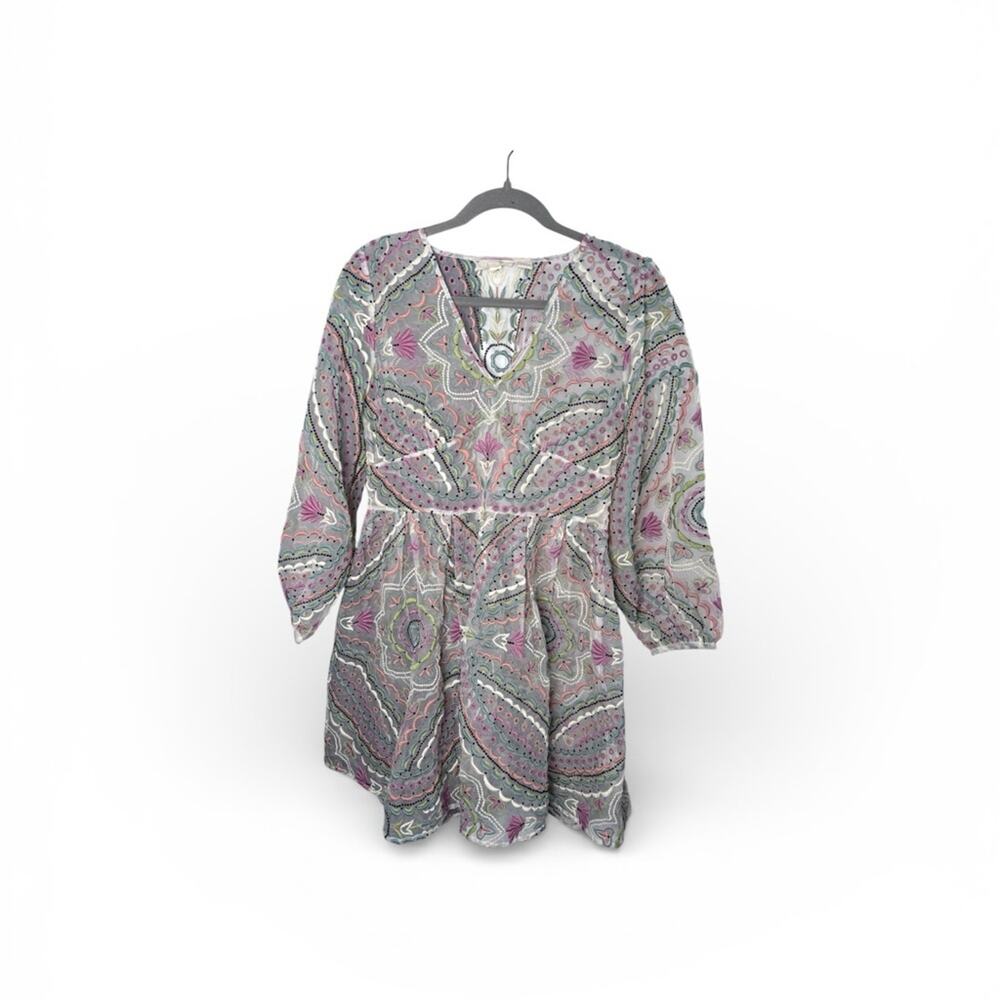 Anthropologie Let Me Be Floral Embroidered Sheer Long Sleeve Dress Size Small